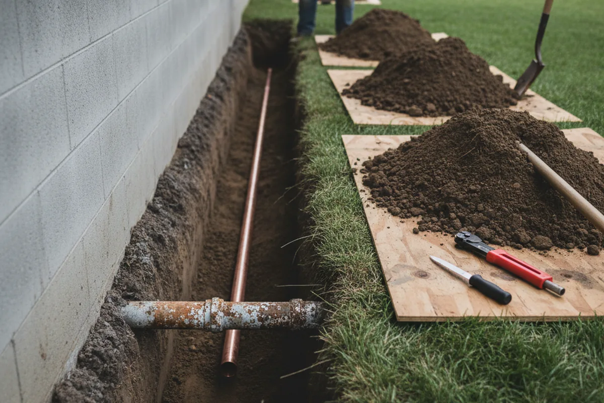Excavated water line trench during Water Softener Installation in Cannon